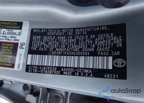 2017 Toyota Camry Le из США, поврежденный, VIN 4T1BF1FK5HU305094